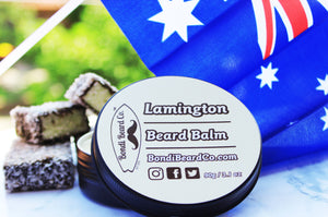 Image of Bondi Beard Co. Lamington Beard Balm in 90g container with lamingtons and Australian flag in background.